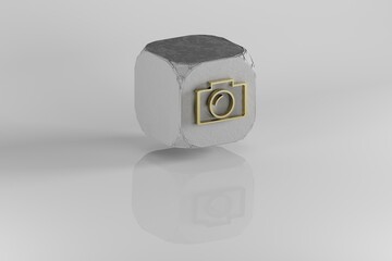 Aufkleber - Retro Photo Camera icon.  Yellow Golden Retro symbol on stone cube and white background. 3d rendering illustration. Background pattern for design.