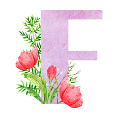 Watercolor composition from the letter F with floral elements tulips and twigs for the design and decoration of texts, congratulations, scrapbooking, invitations