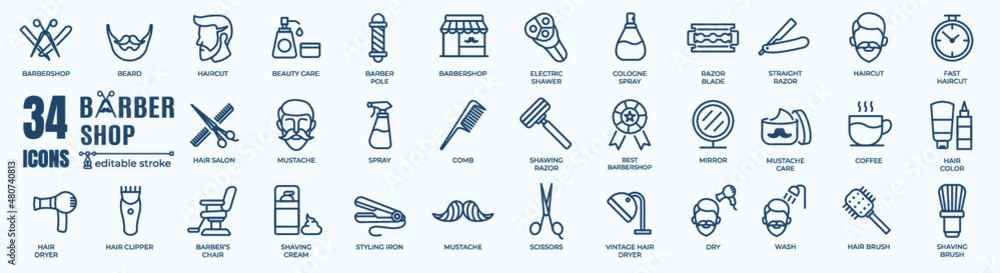Barbershop icons - minimal editable thin line web illustration set ...