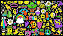 Psychedelic Trippy Large Pack, Acid Abstract Characters And Objects. In A Cartoon Style, A Set Of Bright Psychedelics, All Elements Are Isolated