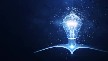 Fototapete - Learning from books or textbooks and the Internet helps create new ideas. Slowly moving interconnected polygons surround a glowing electric light bulb with a book underneath. dark blue background.