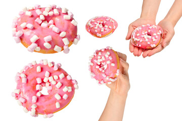 Pink donut with marshmallow isolated on white.