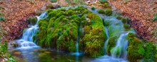 Small Waterfall On Rushing Mountain River, Natural Wild Travel Background
