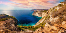 Zakynthos In Greece, Keri Cliffs And Ionian Sea At Sunset