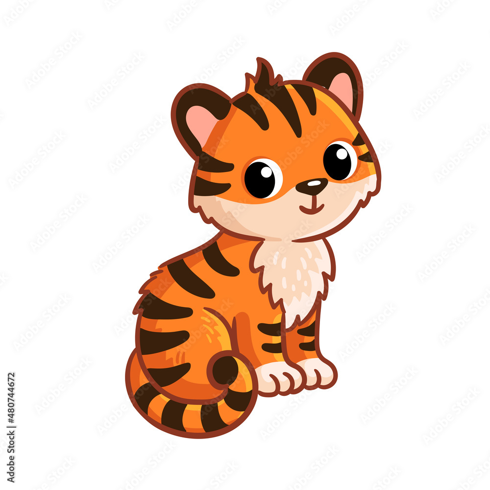 Cute tiger cub sits on a white background. Baby tiger. Stock Vector | Adobe  Stock, image size:1000x1000