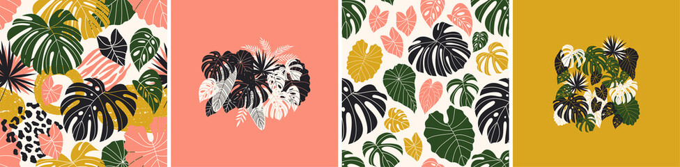 Tropical leaves patterns and compositions. Exotic palm leaves backgrounds collection.