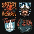 Colorful vintage nautical labels with whale and octopus, ship and sailor head with smoking pipe isolated vector. Emblem for t-shirts