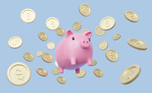 Gold Coin Spread Flew Out Of Pink Piggy Bank Float On Blue Background. Mobile Banking And Online Payment Service. Save Dollar Coin In Money Box. Saving Money And Business Financial Concept. 3d Render.