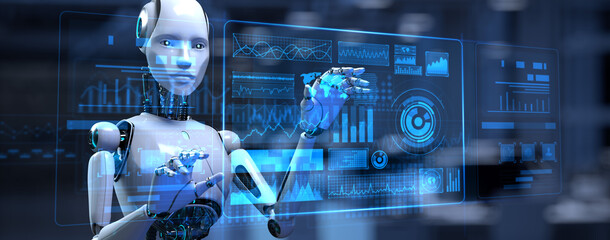 Cyborg Robot 3d render. Robotic process automation RPA data analysis.