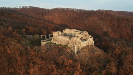 Wall Mural - Aerial drone view of the Neamt Citadel in Targu Neamt, Romania. Fortress on the top of a hill, surrounded by lush yellowed forest