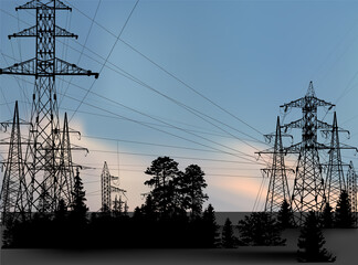 Wall Mural - electric towers between trees on blue sky background