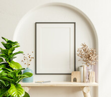 Interior Poster Mockup With Vertical Black Frame In Home Interior Background.