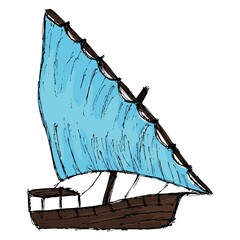 Wall Mural - Brown wooden fishing boat with a blue sail, isolated on a transparent background. Cartoon illustration. Rough hand-drawn color vector doodle