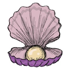 Wall Mural - Open, lilac seashell with a beige pearl inside, isolated on a transparent background. Cartoon illustration. Rough hand-drawn color vector doodle