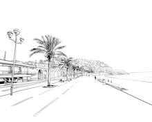 France. Nice. Promenade Des Anglais. Hand Drawn Sketch. Vector Illustration. 