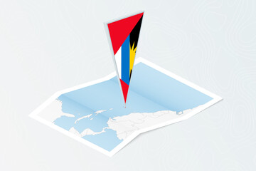 Wall Mural - Isometric paper map of Antigua and Barbuda with triangular flag of Antigua and Barbuda in isometric style. Map on topographic background.