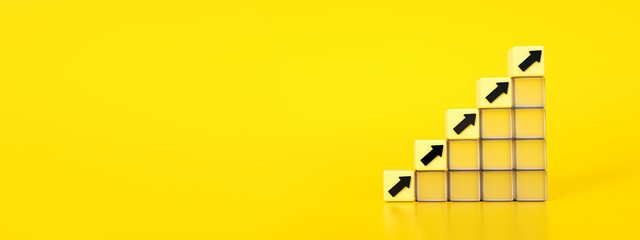 Business concept growth success process,  cubes stacking as step stair over yellow background, 3d rendering, panoramic layout