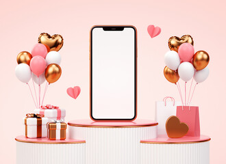 Wall Mural - Valentines day mobile phone mockup for banner background in 3D rendering. Blank screen template for presentation with valentine’s concept. Gifts and hearts in pink and gold colors