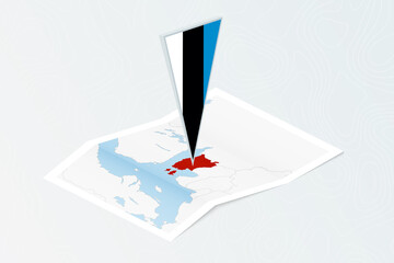 Wall Mural - Isometric paper map of Estonia with triangular flag of Estonia in isometric style. Map on topographic background.