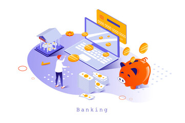 Aufkleber - Banking concept in 3d isometric design. Customer using digital wallet and personal financial account, making transactions and paying, web template with people scene. Vector illustration for webpage