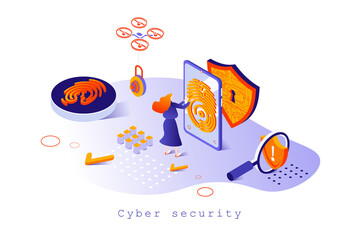 Fototapete - Cyber security concept in 3d isometric design. Protection of personal data on Internet, user identification by fingerprint scanner, web template with people scene. Vector illustration for webpage