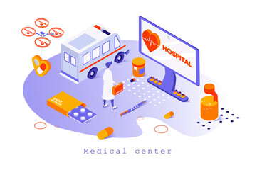 Poster - Medical center concept in 3d isometric design. Doctor receives patients in hospital, diagnosis and treatment, ambulance and pharmacy, web template with people scene. Vector illustration for webpage