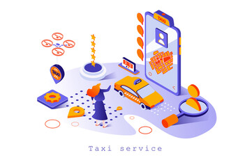 Leinwandbilder - Taxi service concept in 3d isometric design. Online taxi booking in mobile application, driver search and trekking location, carsharing, web template with people scene. Vector illustration for webpage