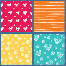 4 Seamless Patterns With Simple Ornaments: Hearts, Polka Dots, Stripes And Drops.