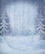 A magical forest landscape from a winter fairy tale with icy Christmas trees and snowdrifts. Digital illustration