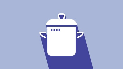 Poster - White Cooking pot icon isolated on purple background. Boil or stew food symbol. 4K Video motion graphic animation