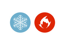 Hot And Cold Vector Icon Set Isolated On White Background. Fire And Snowflake Symbols In Round Buttons.