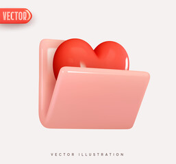 Wall Mural - pink file, open folder. 3d vector icon with red heart. realistic elements for romantic design