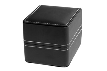 black leather box with stitched stitching and rounded corners for jewelry gifts and wrist watch accessories, object isolated on white background without label, nobody.