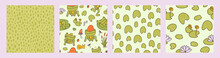Cute Frog Seamless Pattern Collection. Sweet Doodle Toads With Water Lilies, Dragonflies And Lily Pads. Baby Summer Print With Cartoon Lake Characters.