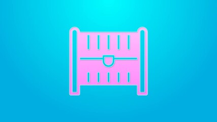 Canvas Print - Pink line Antique treasure chest icon isolated on blue background. Vintage wooden chest with golden coin. 4K Video motion graphic animation