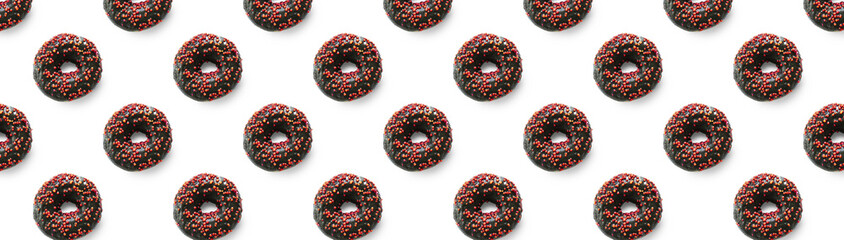 Wall Mural - Black bited donuts with red glaze on white background seamless pattern top view. Food dessert flatly flat lay of delicious sweet chocolate doughnut banner