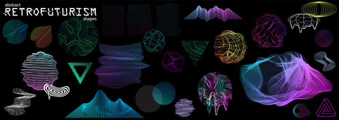 Wall Mural - Vaporwave style shapes for 80s and 90s with glitch effect. Retro Futuristic 3D elements for trendy design. Graphic set old wave cyberpunk concept. Vector retro collection Neon and Glitch shapes