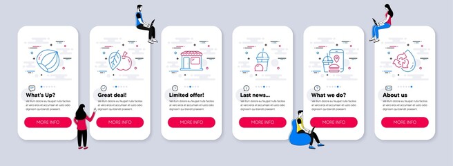 Vector Set of Food and drink icons related to Food app, Market and Ice cream milkshake icons. UI phone app screens with teamwork. Apple, Hazelnut and Recycle water line symbols. Vector