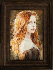 Close-up portrait of a red-haired girl. A woman with a large head of curly hair. Oil painting on canvas.