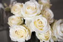 Overhead View Fresh White Bouquet Roses. High Quality Photo