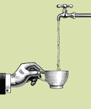 A Man Pours Tap Water Into A White Mug. A Man's Hand Holding A Cup Of Water. Antique Engraving, Stylized Drawing. Vector Illustration