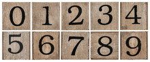 A Set Of Isolated 10 Numbers From Zero To Nine - Rough Black Painting On A Grunge Wooden Blocks