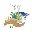 Alternative energy sources concept.Planet Earth in human hands with Wind turbines and Solar panels,hand drawing isolated on white background.Vector illustration,Renewable green energy.Save the planet
