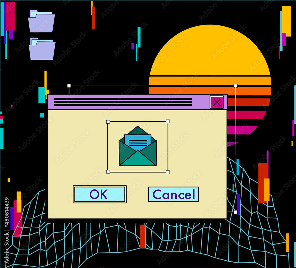 Retro vaporwave desktop with message boxes and user interface elements ...