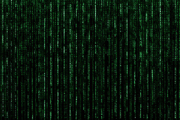 Matrix or metaverse concept with strings of green code written vertically on black background