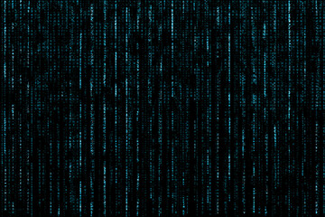 Matrix or metaverse concept with strings of turquoise code written vertically on black background