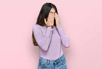 Poster - Young beautiful teen girl wearing turtleneck sweater rubbing eyes for fatigue and headache, sleepy and tired expression. vision problem