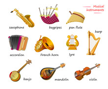 Names Of Musical Instruments In English. Set Of Illustrations For Encyclopedia Or For Kids School Textbook. Educational Page For Children To Study English Language And Words. Online Education.
