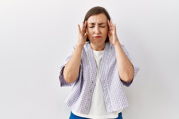 Poster - Beautiful middle age hispanic woman standing over isolated background showing middle finger, impolite and rude fuck off expression