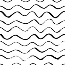 Black Seamless Wavy Line Pattern. Vector Ink Illustration. Abstract Background With Hand Drawn Waves. Curved Brush Strokes Texture. Zebra Grunge Paint Lines. Black And White Ornament With Tiny Stripes